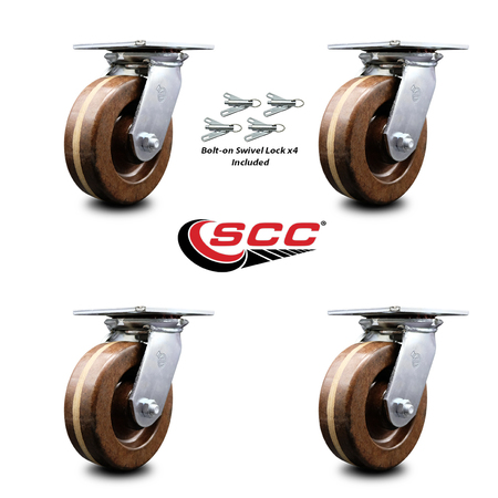 Service Caster 6 Inch High Temp Phenolic Caster Set with Roller Bearings and Swivel Locks SCC SCC-35S620-PHRHT-BSL-4